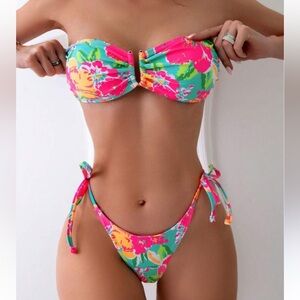 Swim Mod Summer Beach Floral Print Bandeau Tie Side Bikini Set Size XS